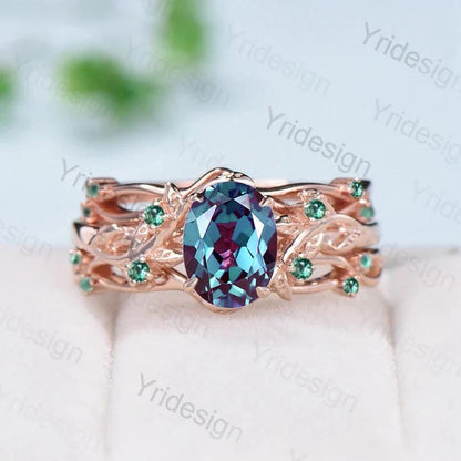 Unique black gold alexandrite ring set Nature Inspired twig leaf engagement ring vintage cluster emerald Leaf wedding ring set for women - PENFINE