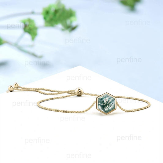 Bezel Set hexagon moss agate bracelet Minimalist dainty bracelet vintage unique Stackable Bracelet For Women art deco anniversary gift - PENFINE