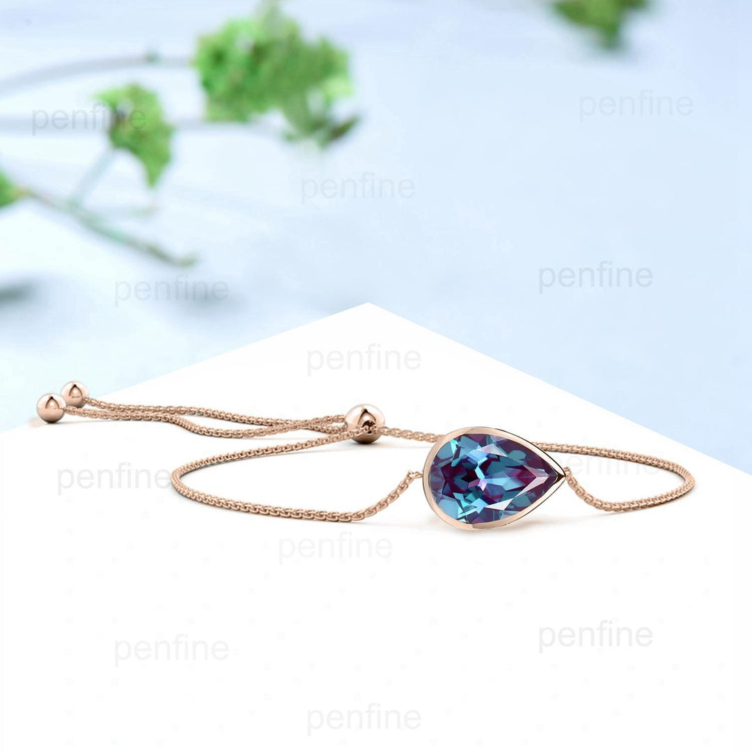 Bezel Set pear shaped alexandrite bracelet Minimalist dainty bracelet vintage unique Stackable Bracelet For Women art deco anniversary gift - PENFINE