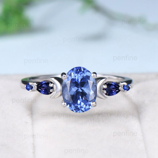 1.5 Carat Natural Oval Tanzanite engagement ring set five stone 14k white gold sapphire moon wedding ring set crown art deco Bridal Set - PENFINE