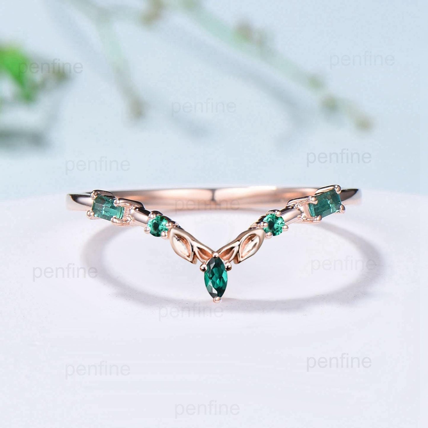 Vintage Baguette Emerald Wedding Band rose gold Melon seeds wedding ring Art Deco Emerald Stacking matching band jewelry gift for women - PENFINE