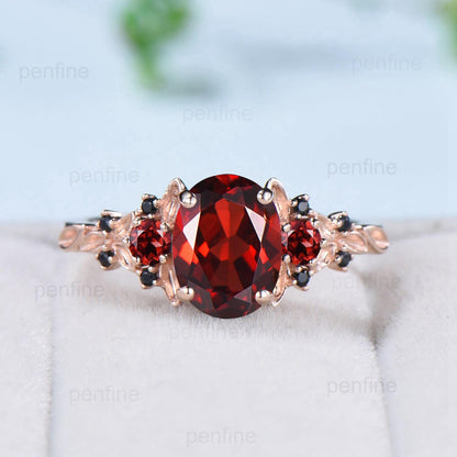 Vintage Garnet engagement ring unique cluster garnet black spinel wedding ring rose gold floral leaves Melon seeds anniversary ring women - PENFINE