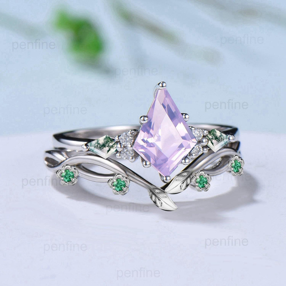 Vintage Kite Cut Lavender Amethyst Engagement Ring Set Kite Moss Agate Wedding Ring Set Leaves Curved Infinity Emerald Band Anniversary Gift - PENFINE