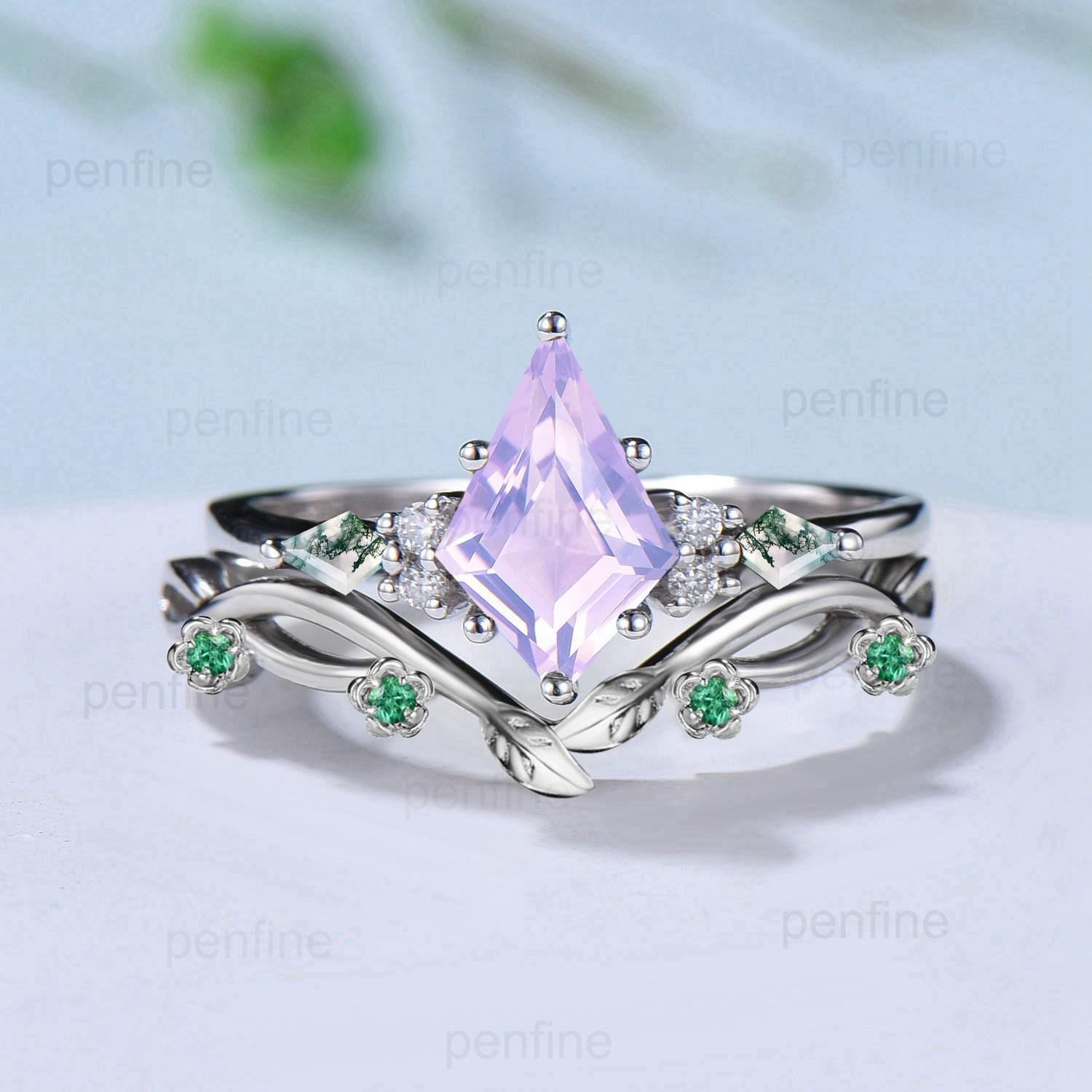 Vintage Kite Cut Lavender Amethyst Engagement Ring Set Kite Moss Agate Wedding Ring Set Leaves Curved Infinity Emerald Band Anniversary Gift - PENFINE