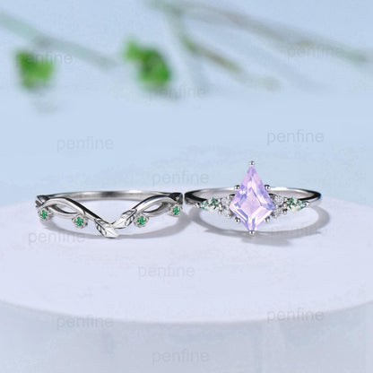 Vintage Kite Cut Lavender Amethyst Engagement Ring Set Kite Moss Agate Wedding Ring Set Leaves Curved Infinity Emerald Band Anniversary Gift - PENFINE