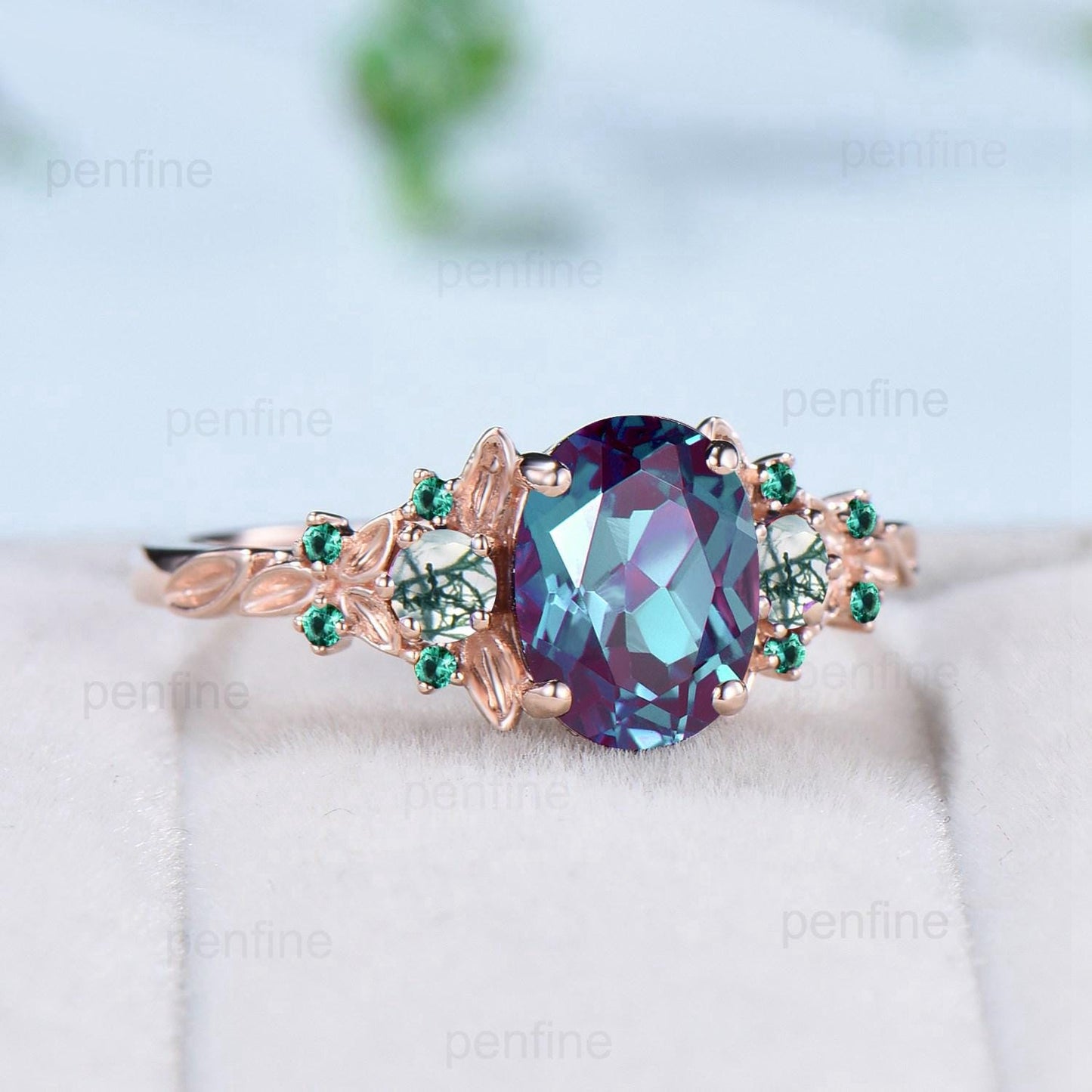 Vintage Alexandrite engagement ring unique cluster moss agate emerald wedding ring rose gold floral leaf Melon seeds anniversary ring women - PENFINE