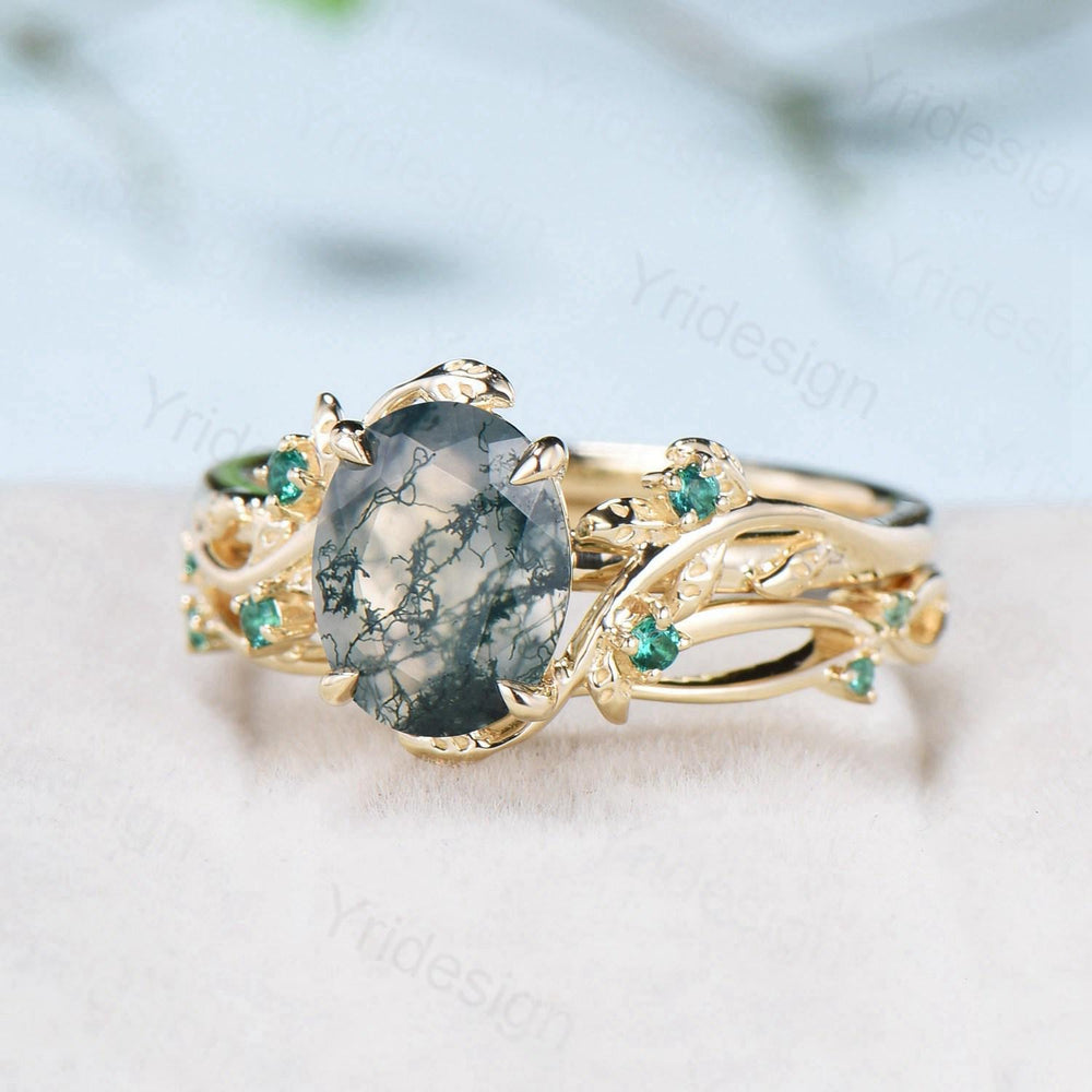 2CT Oval moss agate ring set 14k yellow gold nature inspired green agate engagement ring set cluster emerald anniversary ring for women - PENFINE