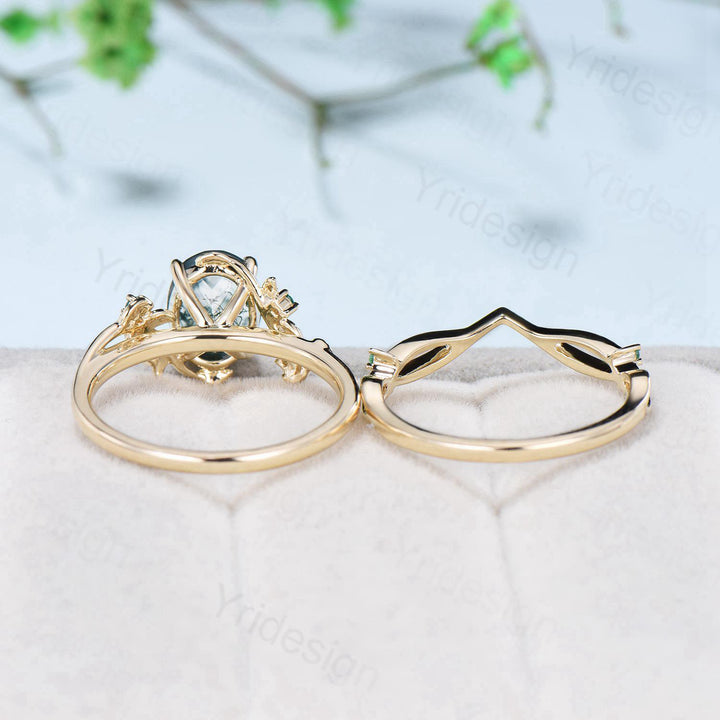 2CT Oval moss agate ring set 14k yellow gold nature inspired green agate engagement ring set cluster emerald anniversary ring for women - PENFINE