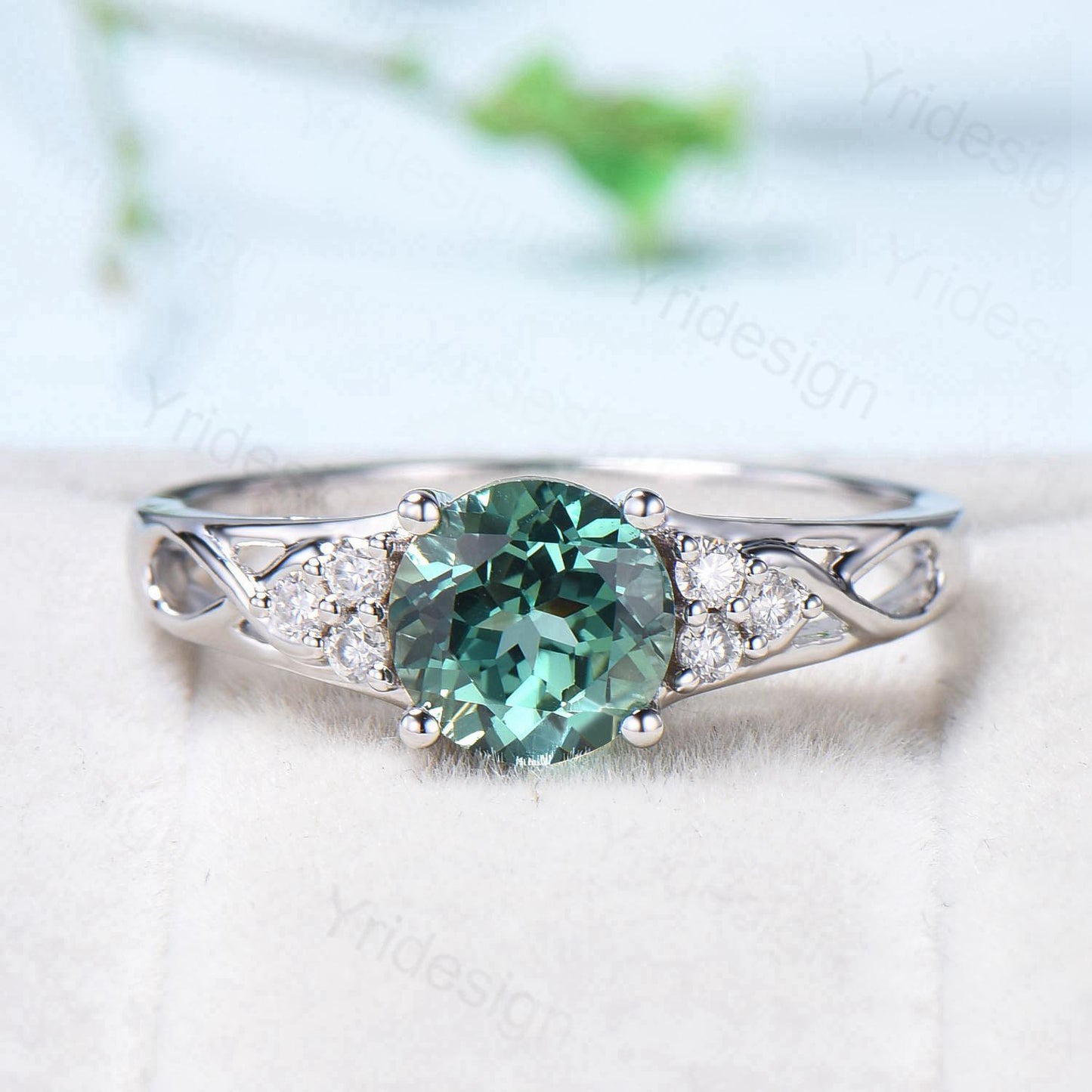 Vintage Green Sapphire Engagement Ring White Gold Solid 10K/14K/18K Gold Unique Cluster Moissanite Diamond Wedding Ring Anniversary gift - PENFINE