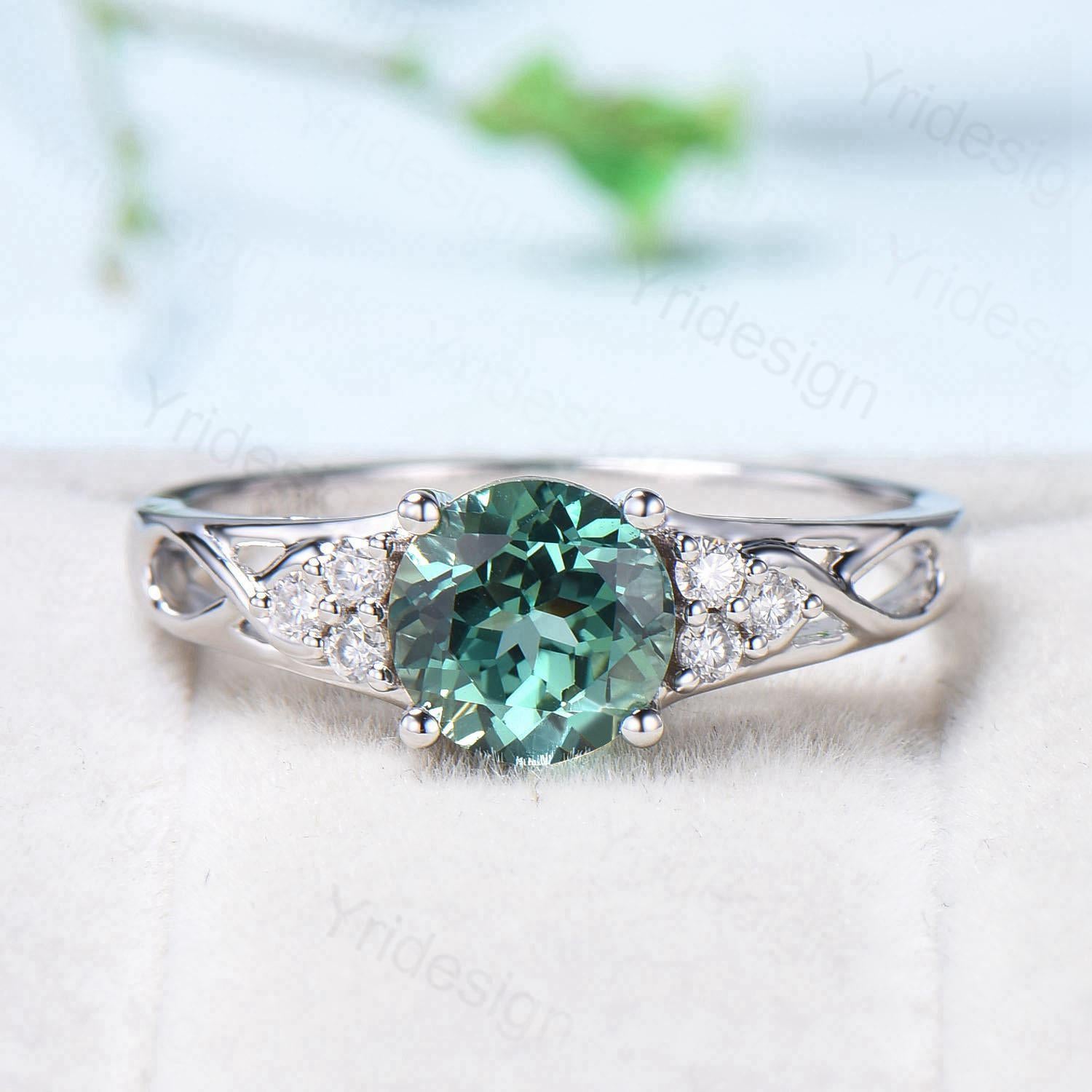 Vintage Green Sapphire Engagement Ring White Gold Solid 10K/14K/18K Gold Unique Cluster Moissanite Diamond Wedding Ring Anniversary gift - PENFINE