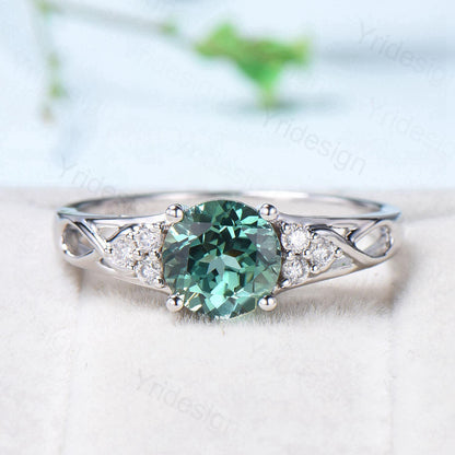 Vintage Green Sapphire Engagement Ring White Gold Solid 10K/14K/18K Gold Unique Cluster Moissanite Diamond Wedding Ring Anniversary gift - PENFINE