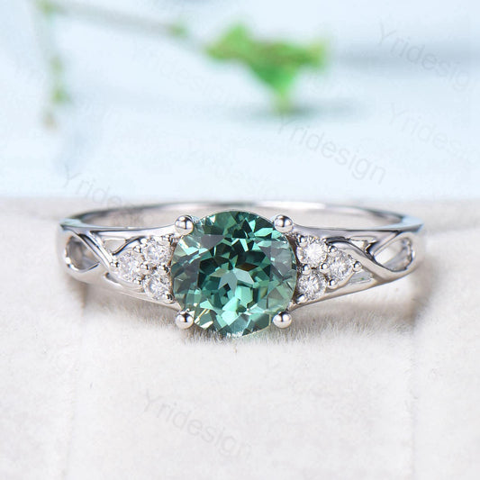Vintage Green Sapphire Engagement Ring White Gold Solid 10K/14K/18K Gold Unique Cluster Moissanite Diamond Wedding Ring Anniversary gift - PENFINE