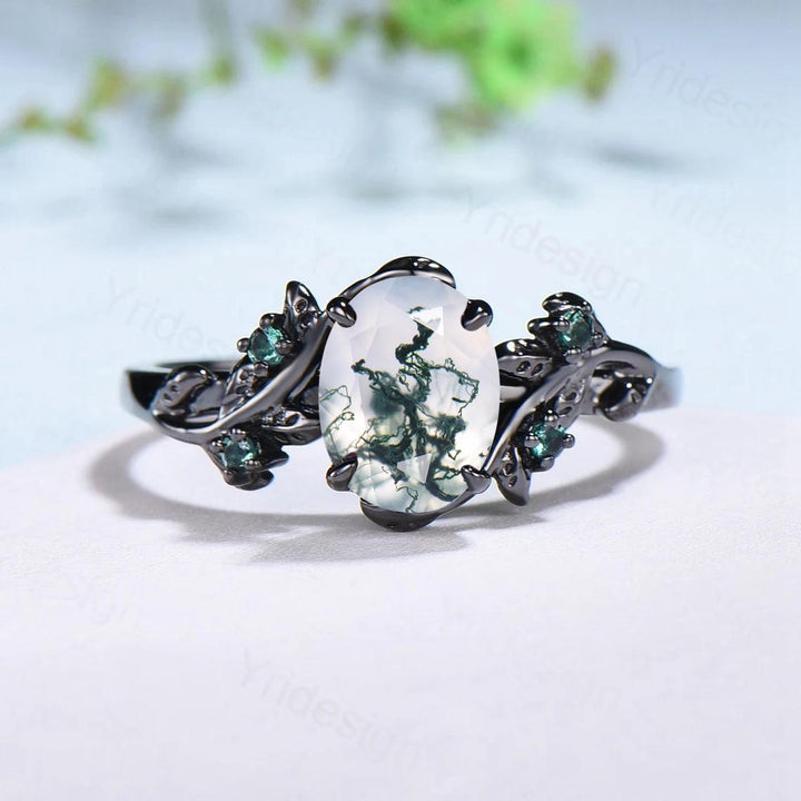 Couples ring set black gold moss agate wedding rings set twig ring men and women His Hers engagement ring nature inspired anniversary gift - PENFINE