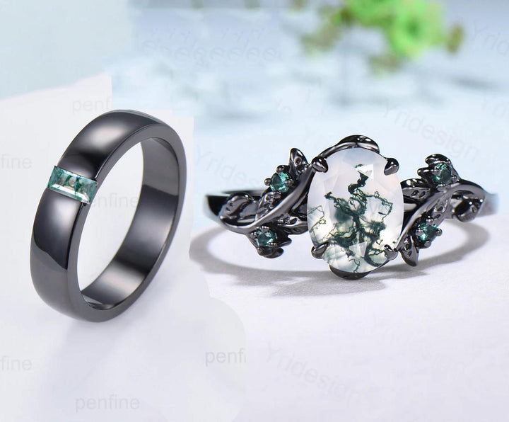 Couples ring set black gold moss agate wedding rings set twig ring men and women His Hers engagement ring nature inspired anniversary gift - PENFINE