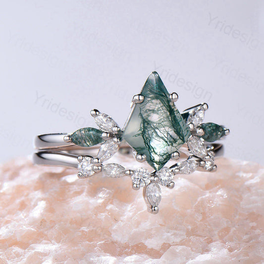 Vintage Kite cut moss agate engagement ring set marquise cut green agate ring bridal wedding ring set women anniversary promise Ring Gift - PENFINE