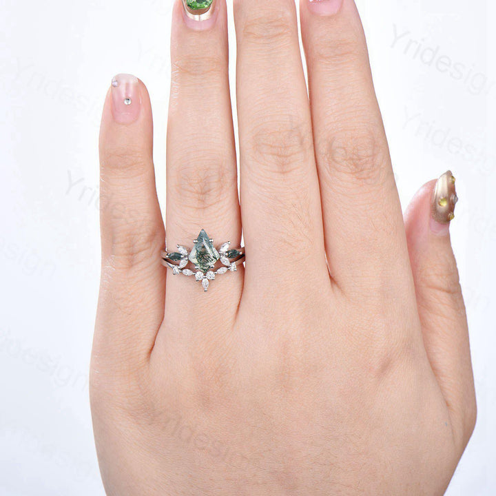 Vintage Kite cut moss agate engagement ring set marquise cut green agate ring bridal wedding ring set  women anniversary promise Ring Gift - PENFINE