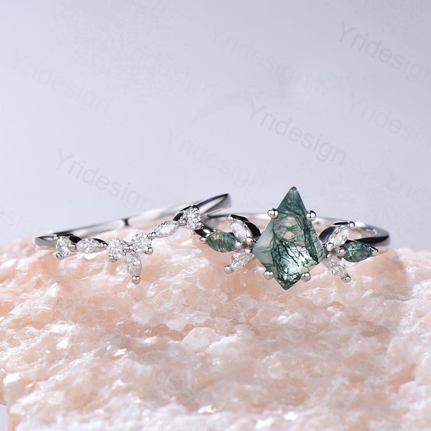 Vintage Kite cut moss agate engagement ring set marquise cut green agate ring bridal wedding ring set  women anniversary promise Ring Gift - PENFINE