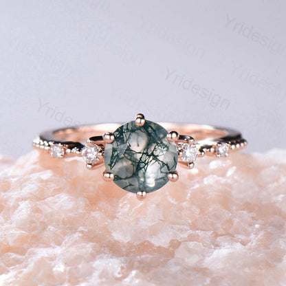 1 carat round moss agate engagement ring set 10k/14k/18k rose gold vintage wedding ring set double Enhancer moissanite diamond stacking band - PENFINE