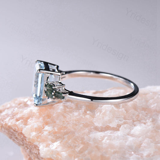 Unique 4CT Emerald Cut Aquamarine Engagement Ring Retro Cluster Baguette Moss Agate 7 Stones Wedding Ring Vintage Anniversary Gift Women - PENFINE