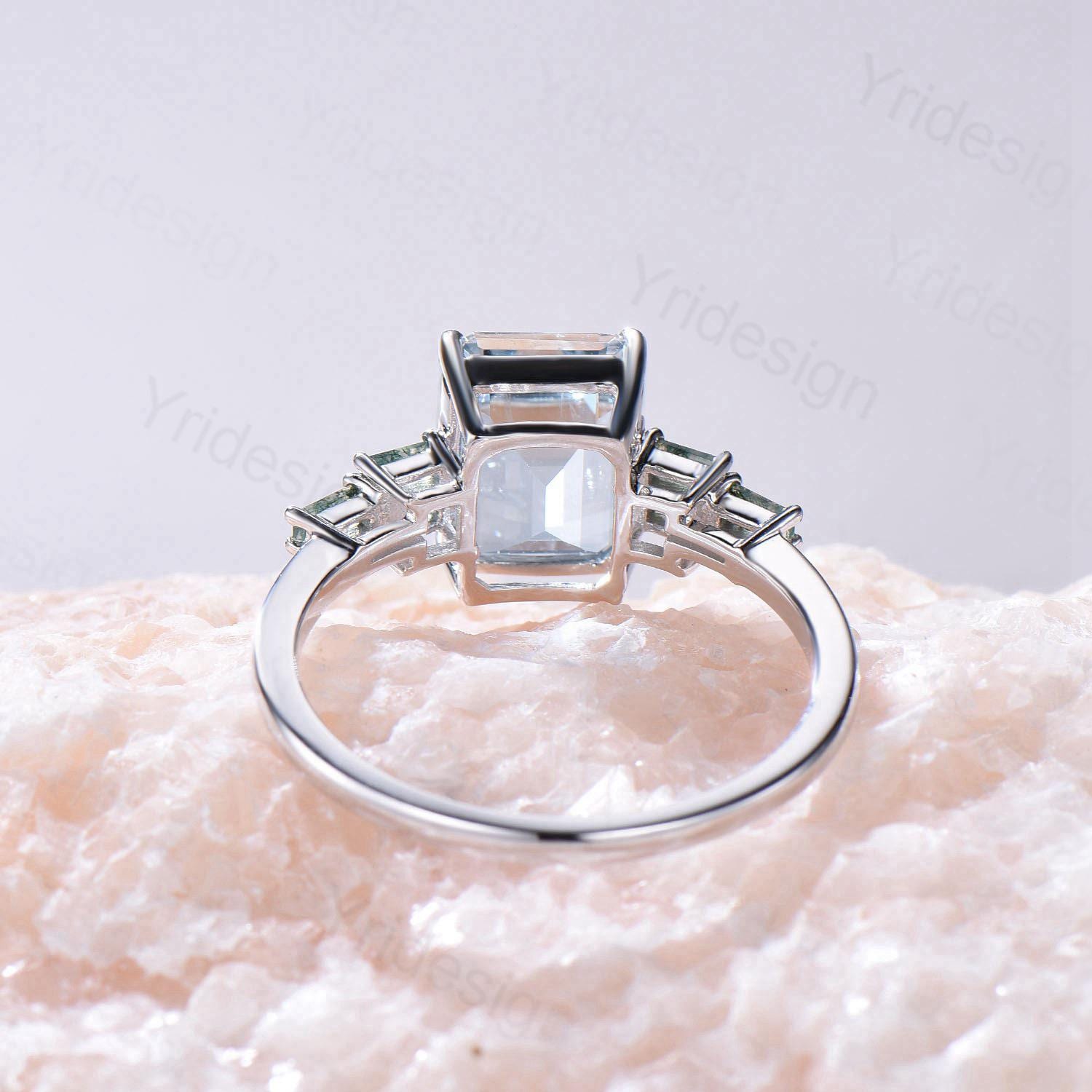 Unique 4CT Emerald Cut Aquamarine Engagement Ring Retro Cluster Baguette Moss Agate 7 Stones Wedding Ring Vintage  Anniversary Gift Women - PENFINE