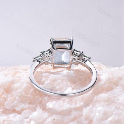 Unique 4CT Emerald Cut Aquamarine Engagement Ring Retro Cluster Baguette Moss Agate 7 Stones Wedding Ring Vintage  Anniversary Gift Women - PENFINE