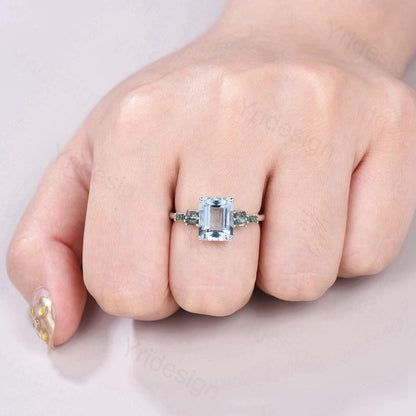 Unique 4CT Emerald Cut Aquamarine Engagement Ring Retro Cluster Baguette Moss Agate 7 Stones Wedding Ring Vintage  Anniversary Gift Women - PENFINE