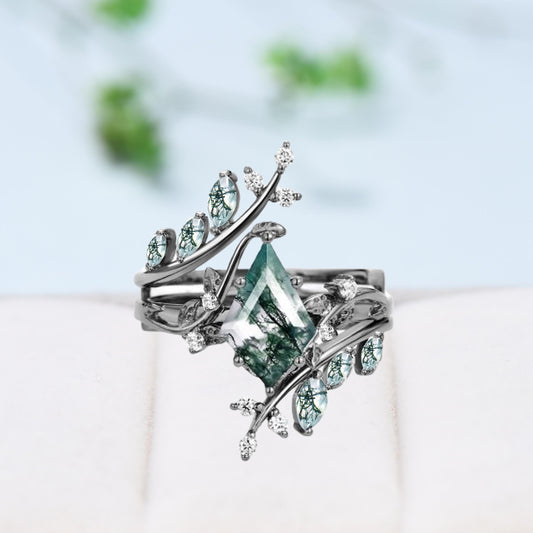 Nature Inspired Kite cut moss agate ring set black gold unique leaf branch marquise cut green agate engagement ring bridal wedding ring set - PENFINE