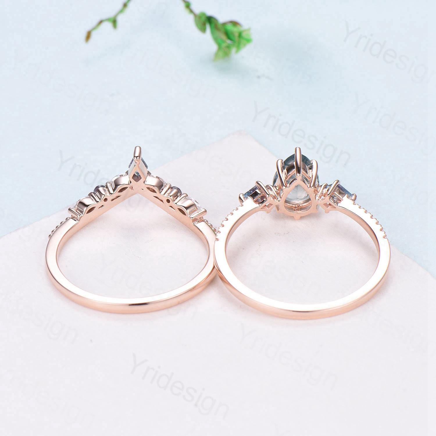 1.25 Carat Pear Shaped Natural Green Moss Agate Engagement Ring Set Vintage 14k Rose Gold Milgrain Kite Agate Bridal Ring Set Ring for Women - PENFINE