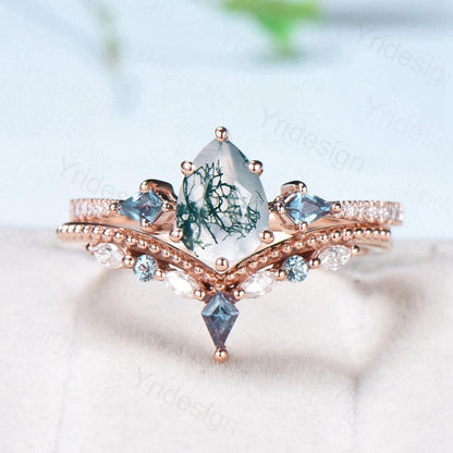 1.25 Carat Pear Shaped Natural Green Moss Agate Engagement Ring Set Vintage 14k Rose Gold Milgrain Kite Agate Bridal Ring Set Ring for Women - PENFINE