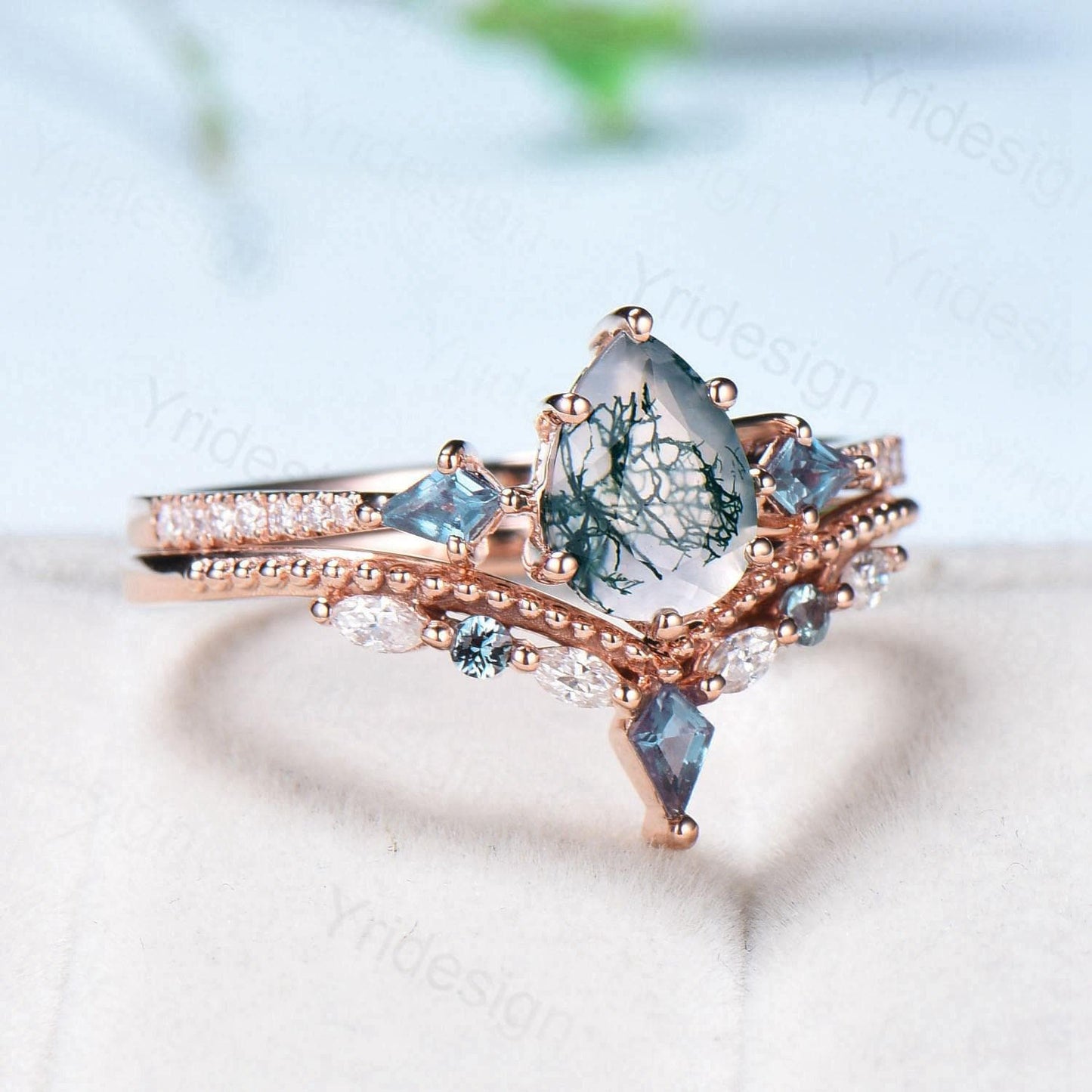 1.25 Carat Pear Shaped Natural Green Moss Agate Engagement Ring Set Vintage 14k Rose Gold Milgrain Kite Agate Bridal Ring Set Ring for Women - PENFINE