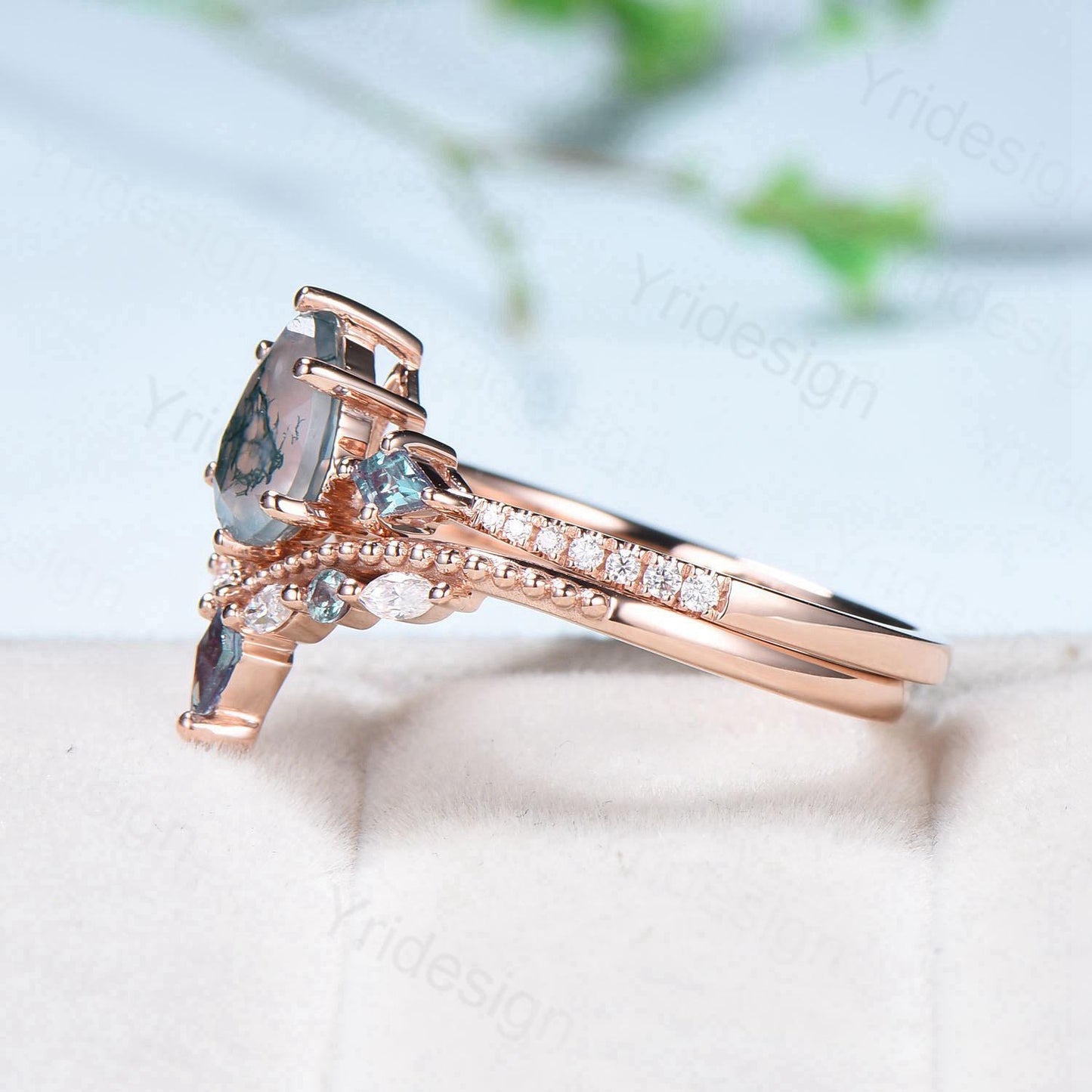 1.25 Carat Pear Shaped Natural Green Moss Agate Engagement Ring Set Vintage 14k Rose Gold Milgrain Kite Agate Bridal Ring Set Ring for Women - PENFINE