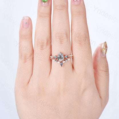 1.25 Carat Pear Shaped Natural Green Moss Agate Engagement Ring Set Vintage 14k Rose Gold Milgrain Kite Agate Bridal Ring Set Ring for Women - PENFINE