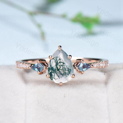 1.25 Carat Pear Shaped Natural Green Moss Agate Engagement Ring Set Vintage 14k Rose Gold Milgrain Kite Agate Bridal Ring Set Ring for Women - PENFINE