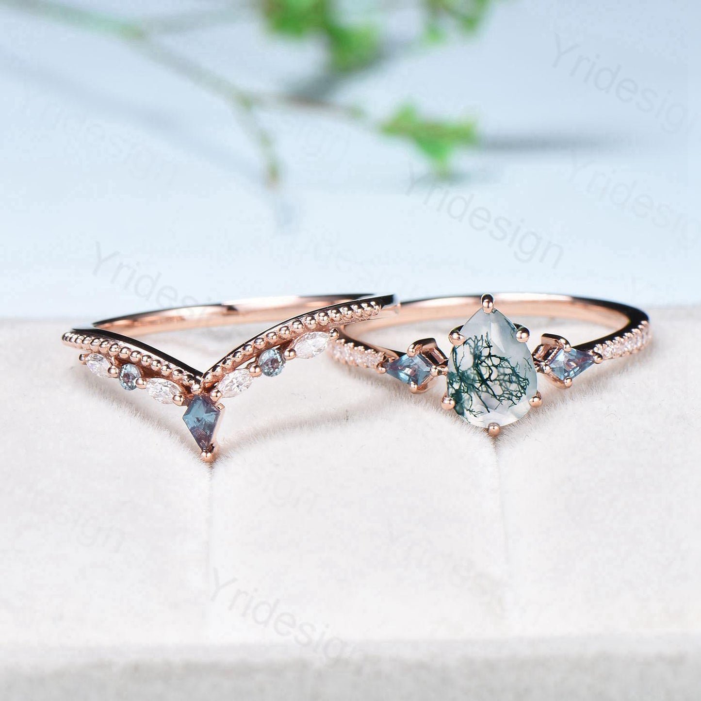 1.25 Carat Pear Shaped Natural Green Moss Agate Engagement Ring Set Vintage 14k Rose Gold Milgrain Kite Agate Bridal Ring Set Ring for Women - PENFINE