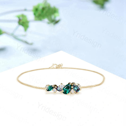 Elegant Pear Shaped Emerald Bracelet Multi-Stone Baguette Alexandrite Moissanite Lobster Claw Bracelet Silver Gold Art Deco Anniversary Gift - PENFINE