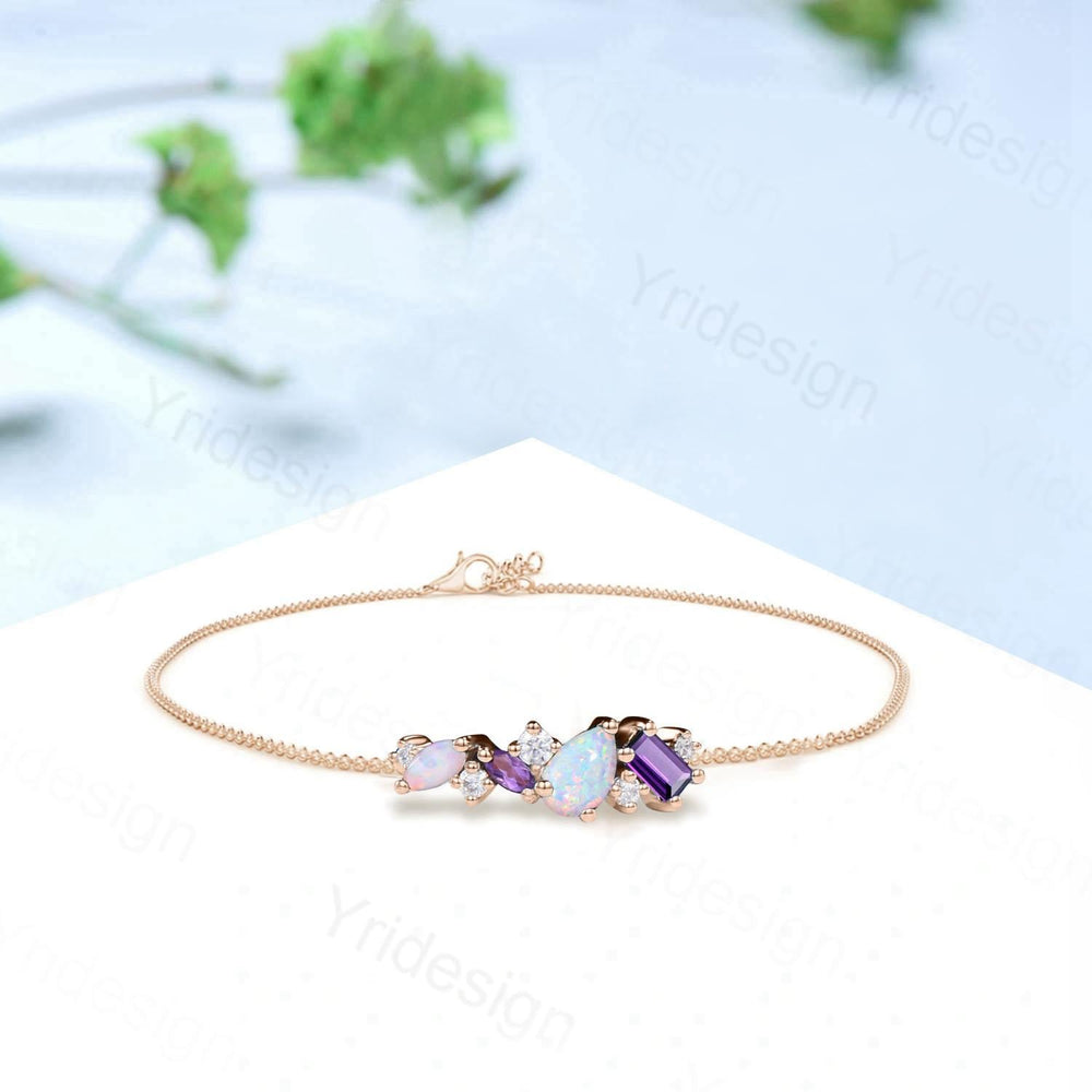 Dainty Pear Shaped White Opal Bracelet Multi-Stone Baguette Amethyst Moissanite Lobster Claw Bracelet Silver Gold Art Deco Anniversary Gift - PENFINE