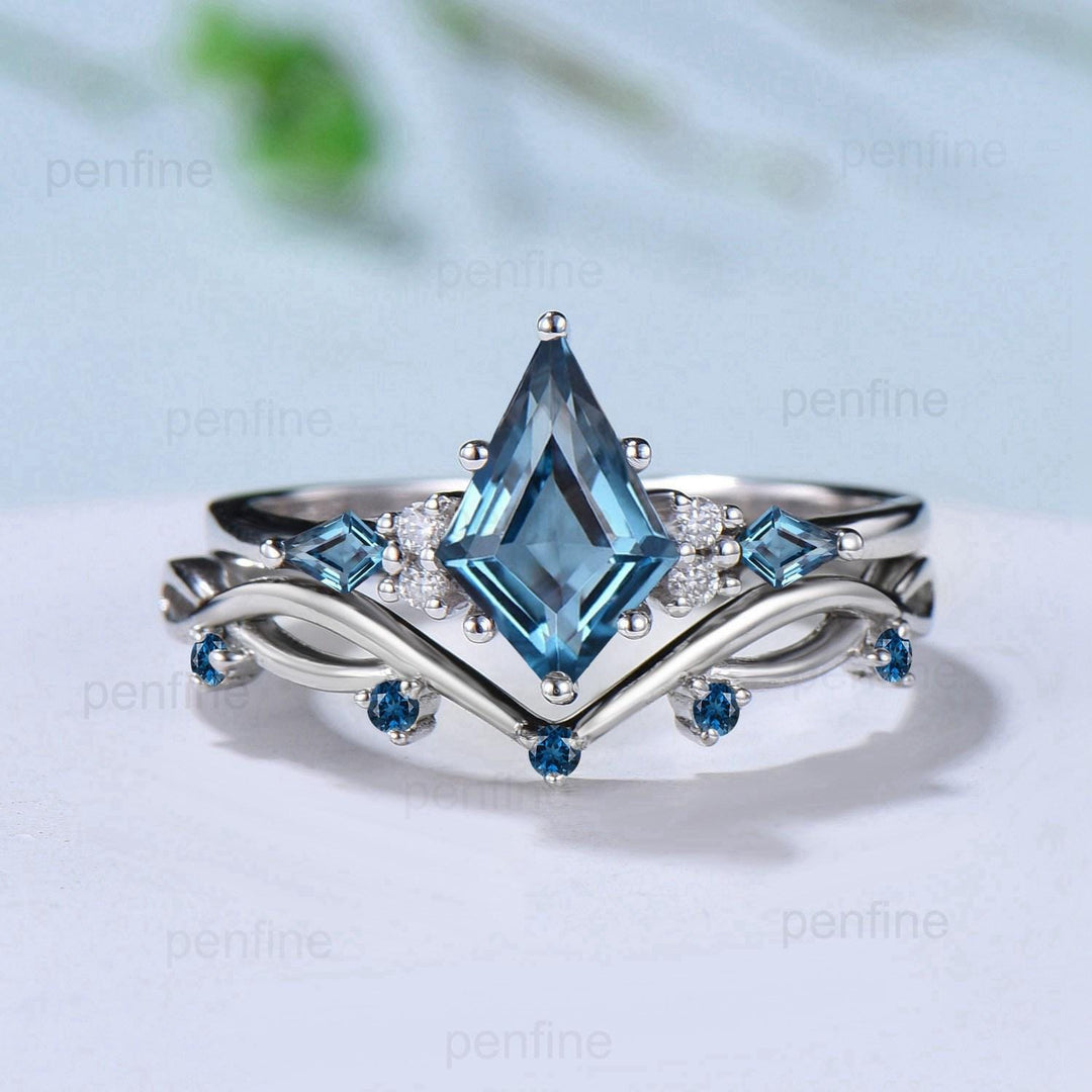 Vintage London blue topaz engagement ring kite cut 14k white gold seven stone topaz wedding ring elegant anniversary promise ring for women - PENFINE