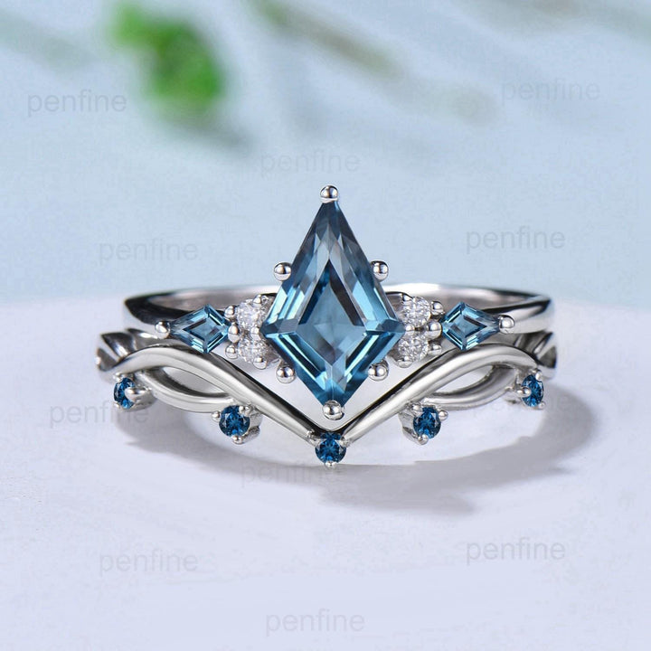 Vintage London blue topaz engagement ring kite cut 14k white gold seven stone topaz wedding ring elegant anniversary promise ring for women - PENFINE