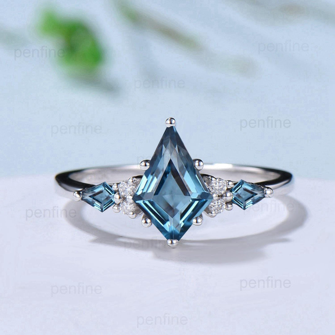 Vintage London blue topaz engagement ring kite cut 14k white gold seven stone topaz wedding ring elegant anniversary promise ring for women - PENFINE