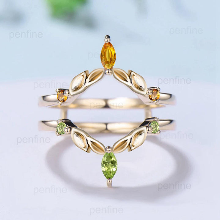 Vintage Citrine Peridot Wedding Band Ring Ladies Wedding Ring Women Unique Enhancer Stacking Bridal Matching Ring Rose Gold Anniversary Gift - PENFINE