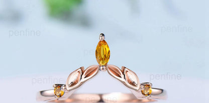 Vintage Citrine Peridot Wedding Band Ring Ladies Wedding Ring Women Unique Enhancer Stacking Bridal Matching Ring Rose Gold Anniversary Gift - PENFINE