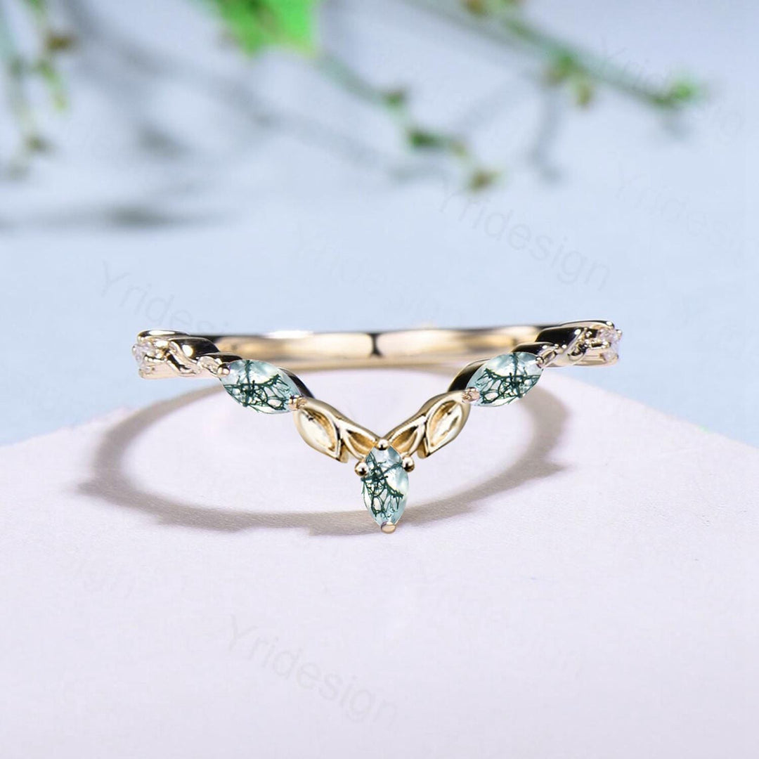 Vintage Curved V moss agate wedding band yellow gold leaf vine matching band women unique art deco stacking promise ring anniversary gift - PENFINE