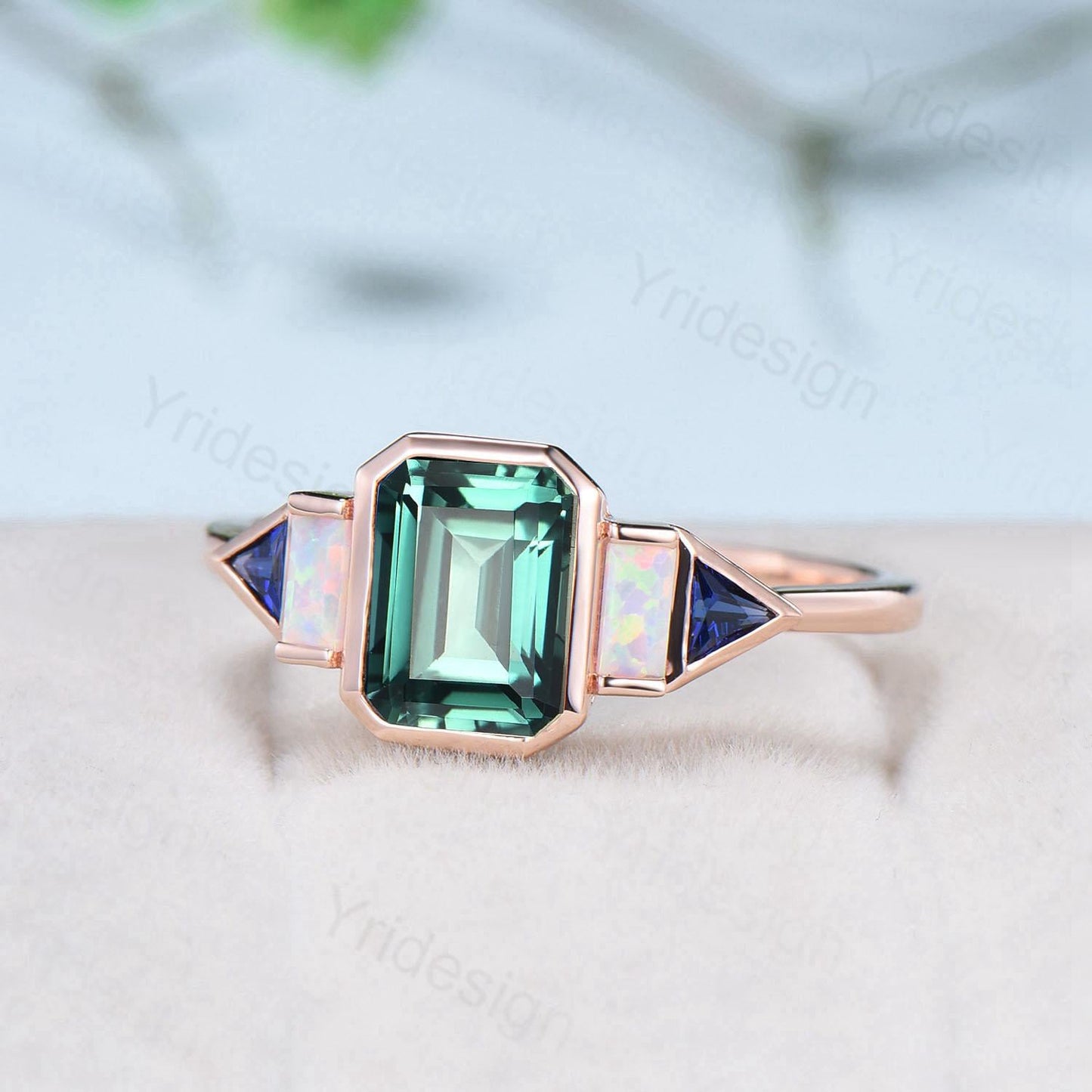 Unique Bezel Set Emerald Cut Green Sapphire Engagement Ring Retro Baguette Opal Trillion Blue Sapphire Wedding Ring Vintage Anniversary Gift - PENFINE