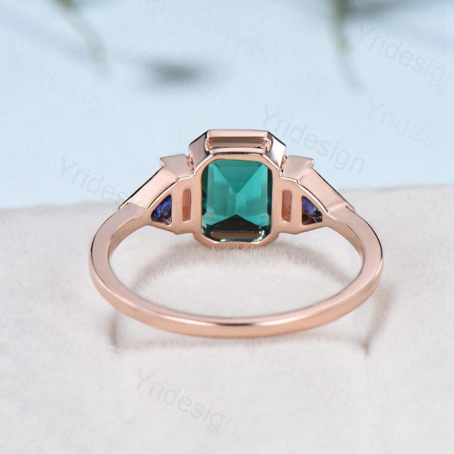 Unique Bezel Set Emerald Cut Green Sapphire Engagement Ring Retro Baguette Opal Trillion Blue Sapphire Wedding Ring Vintage Anniversary Gift - PENFINE