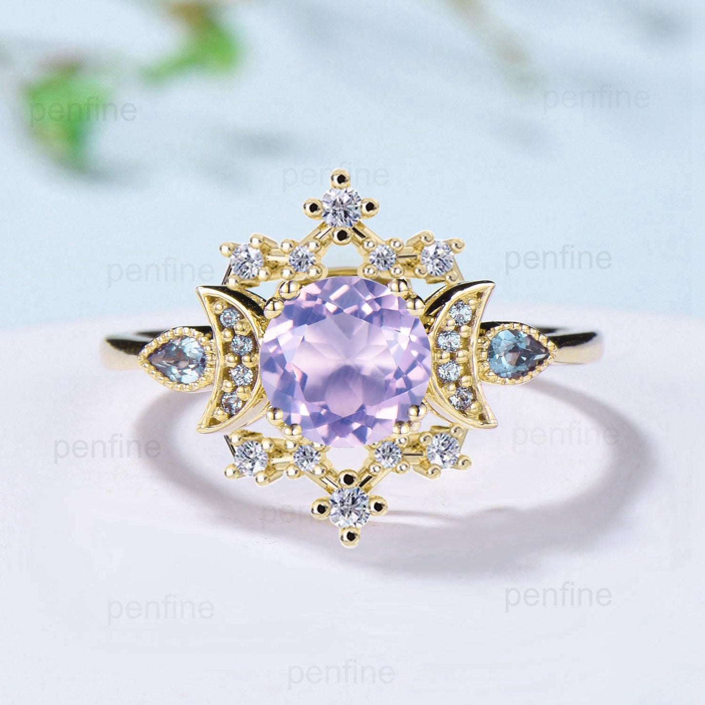 Vintage Lavender Amethyst Engagement Ring Fancy Crescent Moon Alexandrite Wedding Ring Galaxy Star Art Deco Anniversary Ring Gift for Women - PENFINE