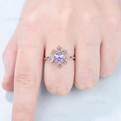 Vintage Lavender Amethyst Engagement Ring Fancy Crescent Moon Alexandrite Wedding Ring Galaxy Star Art Deco Anniversary Ring Gift for Women - PENFINE