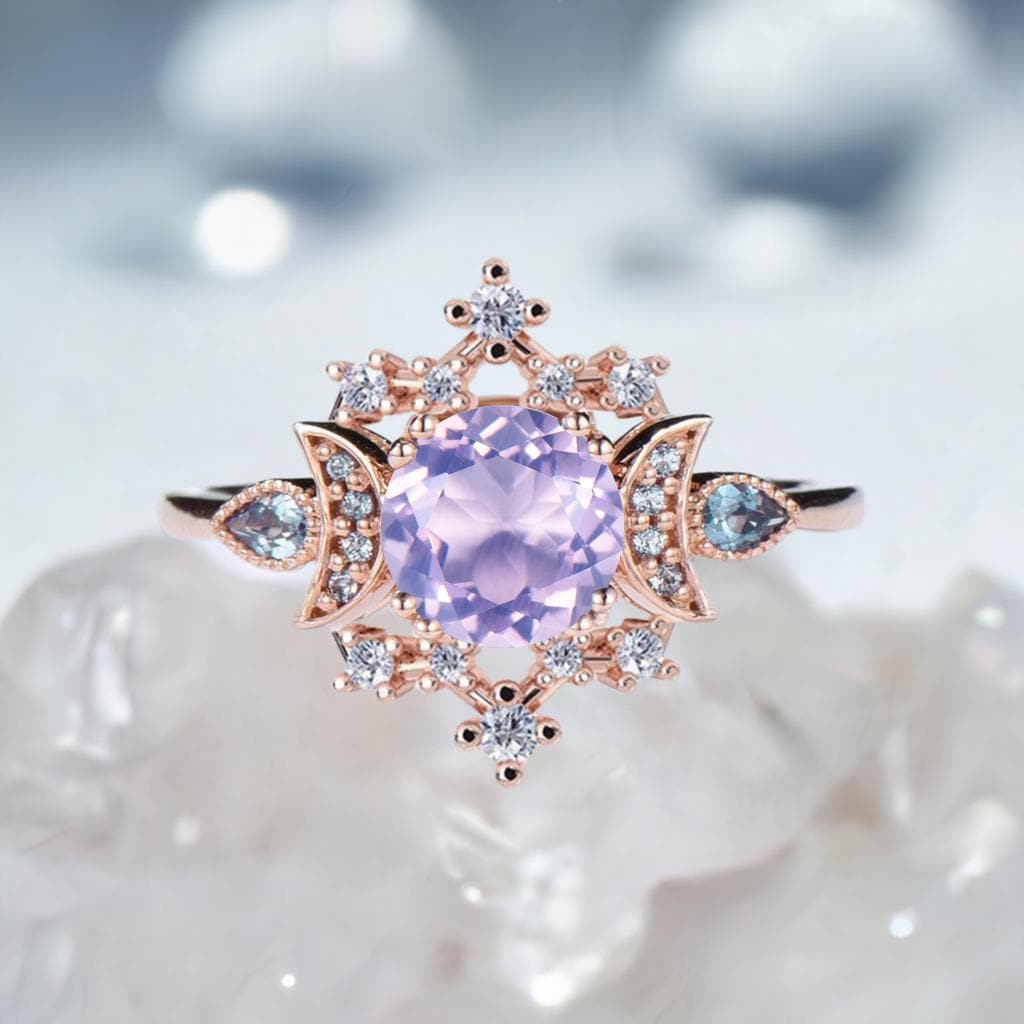 Vintage Lavender Amethyst Engagement Ring Fancy Crescent Moon Alexandrite Wedding Ring Galaxy Star Art Deco Anniversary Ring Gift for Women - PENFINE