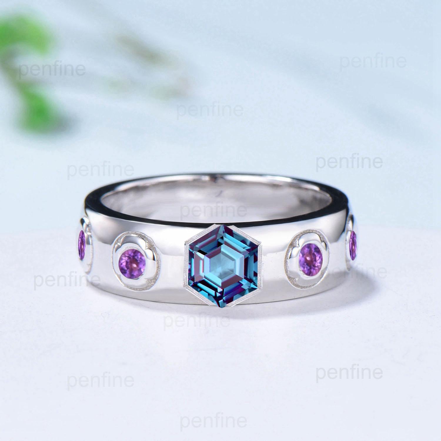 Howls Moving Castle Men's Ring 5mm Hexagon Alexandrite Wedding Band Silver White Gold Howl's Ring Sophie's Ring Stacking Amethyst Band Gift - PENFINE