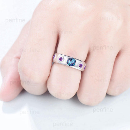 Howls Moving Castle Men's Ring 5mm Hexagon Alexandrite Wedding Band Silver White Gold Howl's Ring Sophie's Ring Stacking Amethyst Band Gift - PENFINE