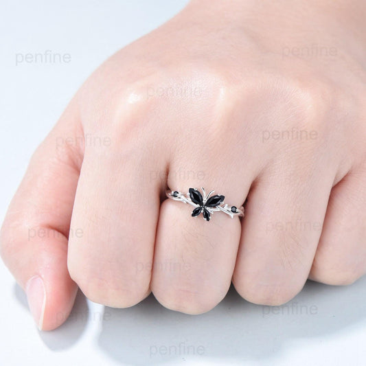Unique Butterfly Marquise Black Spinel Wedding Ring Vintage Inspired Black Engagement Ring twist vine anniversary promise ring for women - PENFINE